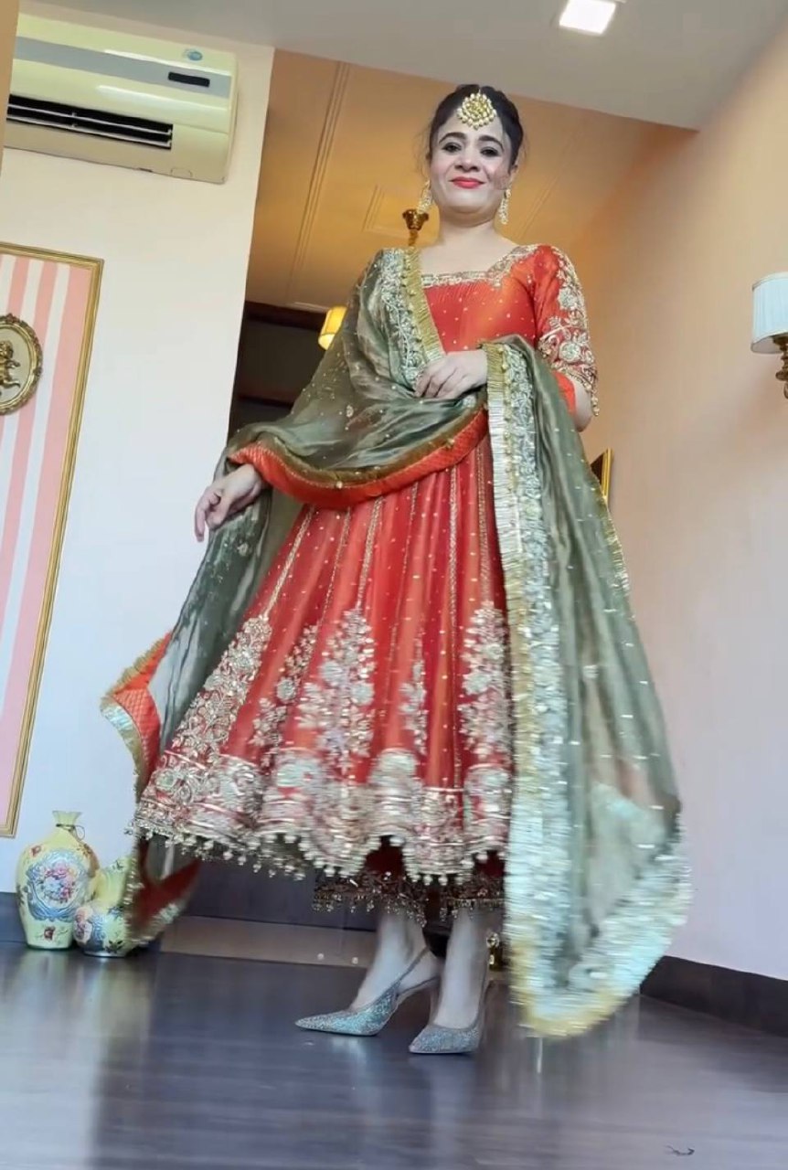 Modern Vermilion Flared Anarkali Set